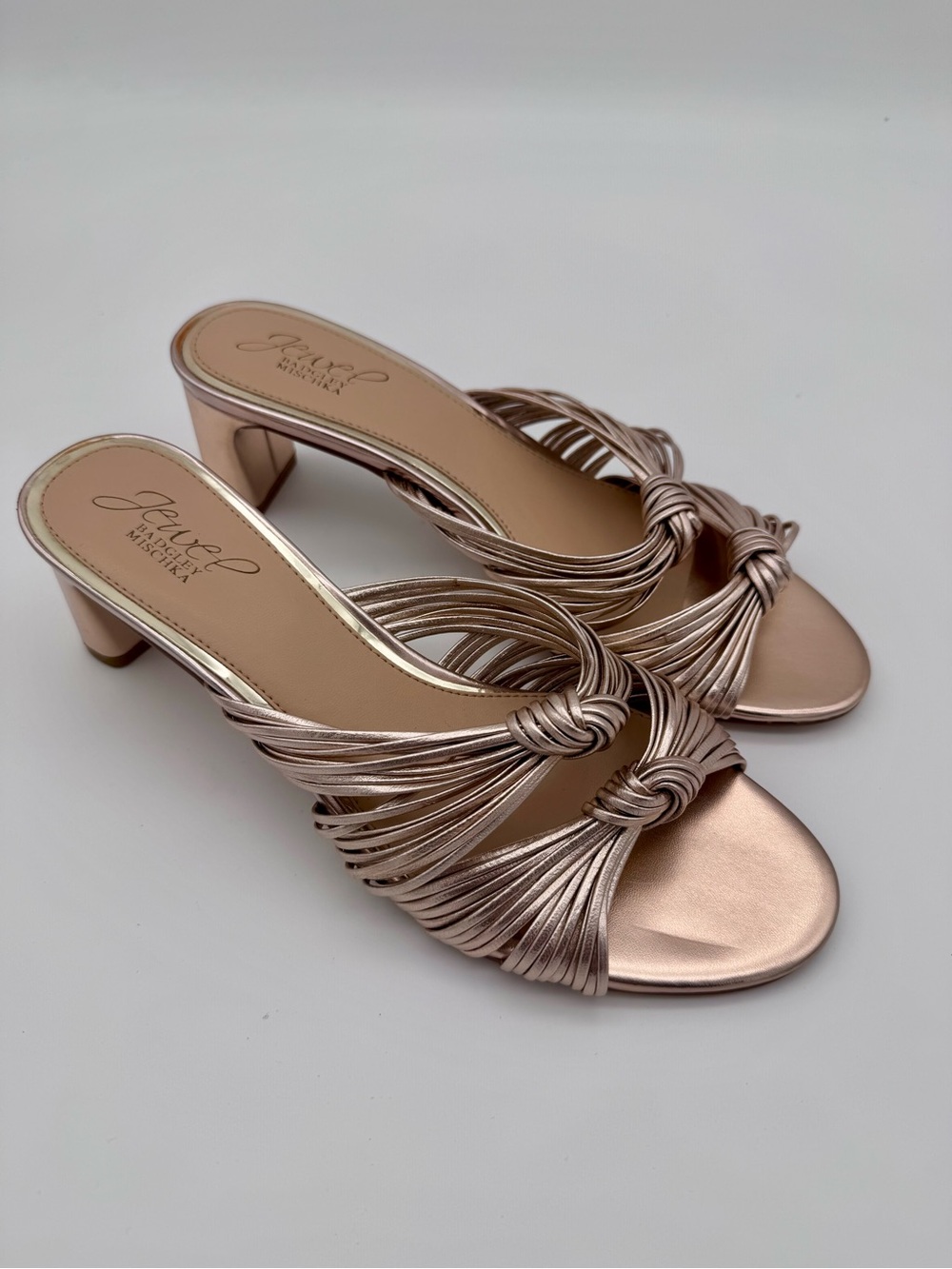 Jewel Badgley Mischka Cheryl Metallic Leather Block Heel Sandals Rose Gold 8 - Picture 12 of 15